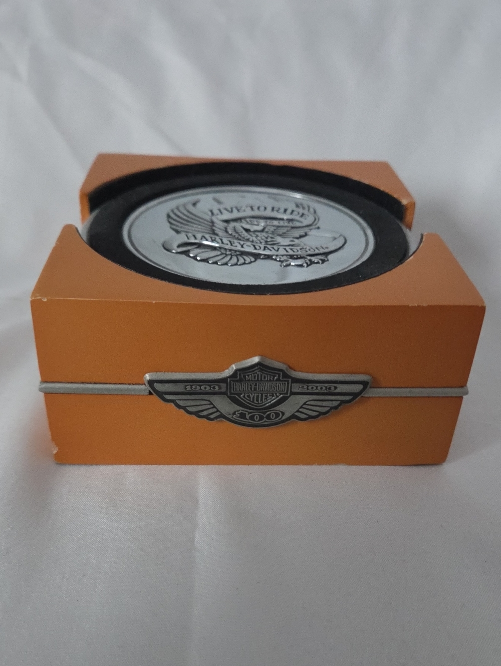 Harley-Davidson 100th Anniversary 4 Piece Orange Coaster Set with Metal Emblem